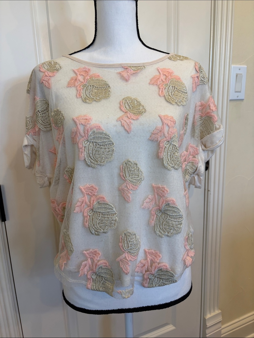 Beige T Shirt with gold and pink floral design